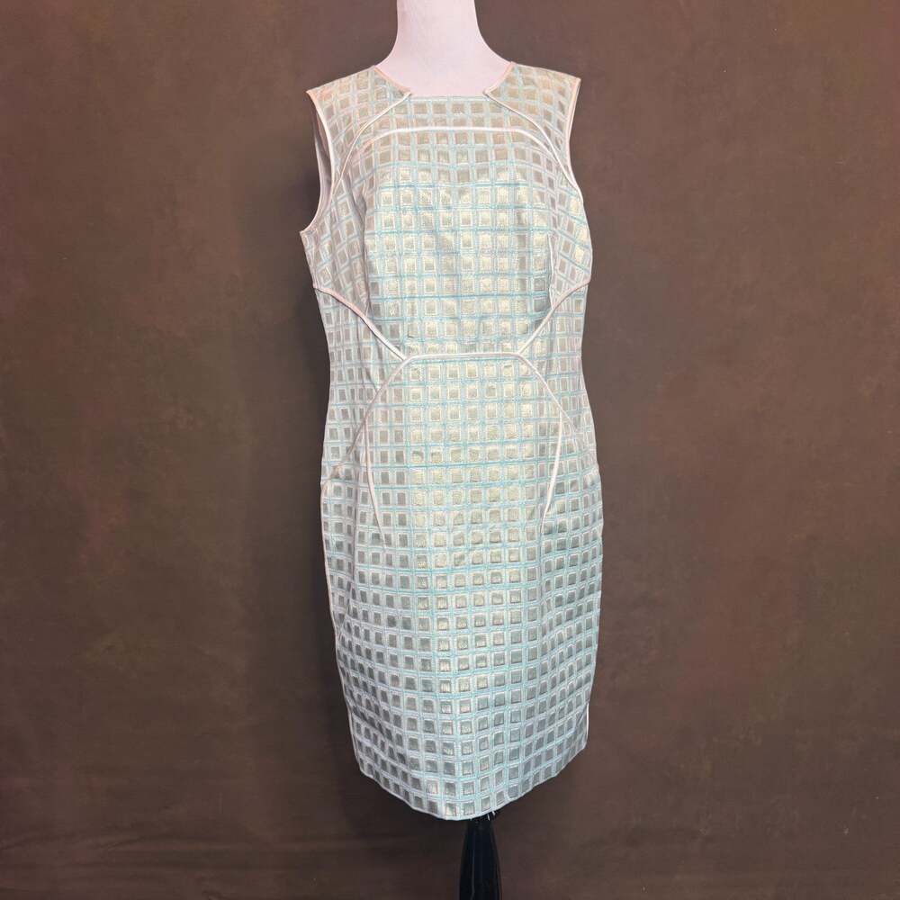 Per Se by Carlisle Metallic Aqua Sheath Dress NWT $625 Size 12 Modern Luxury